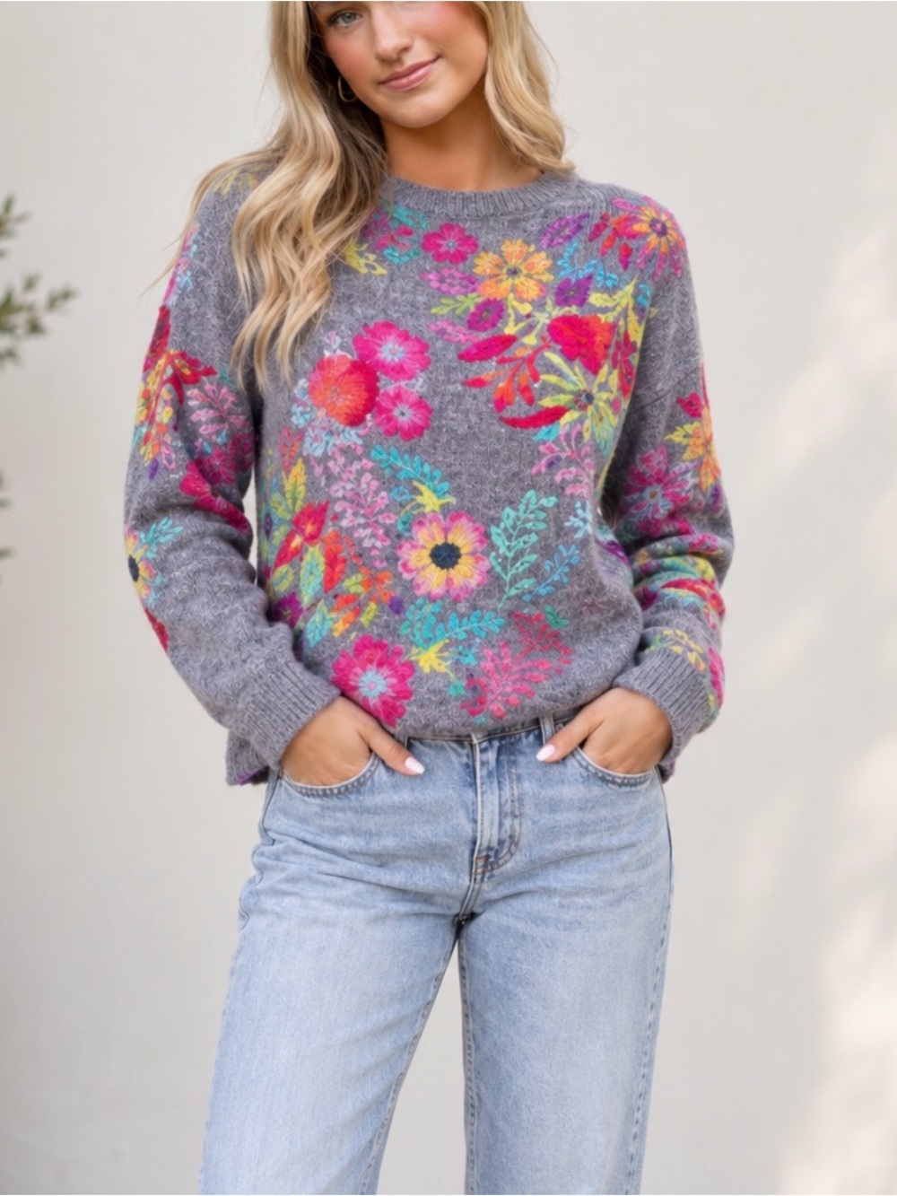 Natural Life Floral Crewneck Sweater - Gray Multicolor